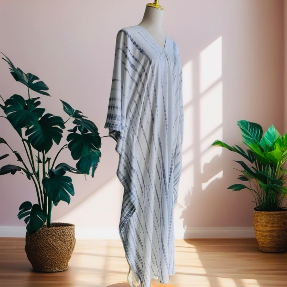 0129 / White purple Shibori Tie Dye Long Kaftan